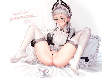 1girl absurdres anus arknights bar_censor bed_sheet black_gloves blush censored cleft_of_venus closed_mouth cup dress earrings frilled_pillow frills full_body gloves grey_eyes grey_hair has_bad_revision has_downscaled_revision highres irene_(arknights) jewelry kep_(ahokep) knees_up long_hair looking_at_viewer maid_headdress md5_mismatch no_panties no_shoes pillow pussy resolution_mismatch saucer scar scar_across_eye scar_on_face sitting solo source_smaller spread_legs teacup thighhighs white_background white_dress white_thighhighs