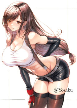 1girl arm_behind_back belt black_skirt breasts brown_hair brown_thighhighs cleavage collarbone commentary_request covered_erect_nipples crop_top earrings final_fantasy final_fantasy_vii fingerless_gloves gloves highres jewelry large_breasts leaning_forward long_hair looking_at_viewer low-tied_long_hair miniskirt navel red_eyes red_gloves simple_background skirt solo stomach suspender_skirt suspenders tank_top thighhighs tifa_lockhart very_long_hair white_background white_tank_top yosaku_vs_hina