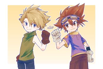 Rule 34 | 2boys, blonde hair, blue eyes, blue pants, blue shirt, border, brown eyes, brown gloves, brown hair, brown shorts, cowboy shot, digimon, digimon adventure, fist bump, gloves, gradient background, green shirt, hand in pocket, highres, ishida yamato, male focus, medium hair, megane mochi, multiple boys, pants, print shirt, shirt, short hair, shorts, simple background, sleeveless, sleeveless shirt, star (symbol), star print, white border, white gloves, yagami taichi, yellow background