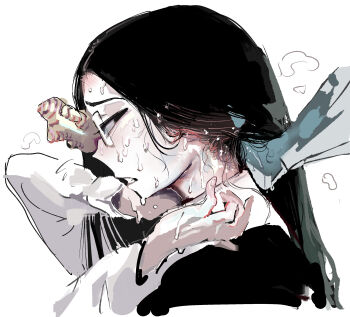 2girls absurdres black_hair commentary coral coral_glasses ena:_dream_bbq ena_(dream_bbq) ena_(series) from_side glasses highres long_hair motida_(motidamtmt) multiple_girls office_lady sweat white_background