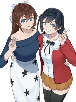 2girls :p absurdres arm_around_back black_hair black_ribbon black_shirt black_thighhighs blue_bow blue_eyes bow breasts brown_hair brown_skirt closed_mouth collared_shirt commentary floral_print floral_print_skirt frilled_shirt_collar frills grey_eyes grin hair_bow hair_ornament half_updo highres jacket long_hair long_sleeves looking_at_viewer love_live! love_live!_nijigasaki_high_school_idol_club mayo_e medium_breasts miniskirt multiple_girls neck_ribbon off-shoulder_shirt off_shoulder one_side_up open_clothes open_jacket osaka_shizuku pleated_skirt print_skirt red_jacket ribbon shirt simple_background skirt smile symbol-only_commentary thighhighs tongue tongue_out triangle_hair_ornament white_background white_shirt white_skirt yuki_setsuna zettai_ryouiki