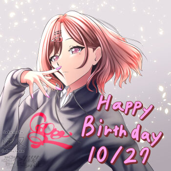 1girl black_hoodie black_sweater blouse brown_hair collared_shirt fangs hair_ornament hairclip highres higuchi_madoka hood hoodie idolmaster idolmaster_shiny_colors mole mole_under_eye pink_nails purple_eyes sakamata_(sakamata_mm) shirt short_hair skin_fangs sweater swept_bangs white_shirt