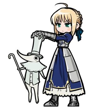 Rule 34 | 1boy, 1girl, ahoge, armor, armored dress, artoria pendragon (fate), blonde hair, blush, braid, braided bun, cane, commentary request, crossover, dress, excalibur (soul eater), fate/stay night, fate (series), faulds, gauntlets, green eyes, hair bun, hair ribbon, hat, holding, holding cane, jjjjtaaaku, korean commentary, ribbon, saber (fate), short hair, soul eater, top hat, weapon