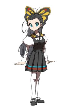 1girl ahoge beautifly black_hair black_shoes black_skirt black_vest blue_eyes bow breasts dancho_no_mori footwear_bow full_body gen_3_pokemon hair_bow hair_slicked_back highres juliet_sleeves legs_together loafers long_hair long_sleeves medium_breasts nintendo pantyhose personification pleated_skirt pokemon puffy_sleeves shirt shoes simple_background skirt skirt_set solo standing vest white_background white_bow white_pantyhose white_shirt