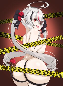 absurdres ahoge ass back caution_tape demon_horns highres horns loli nude phase_connect remilia_nephys simple_background tail twintails virtual_youtuber yasaitsume