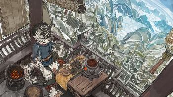 1boy above_clouds animal_ears architecture black_hair black_pants building cloud cup day east_asian_architecture fewer_digits from_above furry furry_male highres holding holding_cup leopard_boy leopard_ears leopard_tail mountain multicolored_hair original pagoda pants pawpads pink_eyes portable_stove railing scenery short_hair sitting slice_of_life solo streaked_hair table tail tassel tuozhazi two-tone_hair