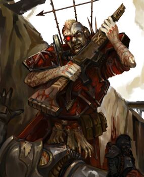 Rule 34 | 3boys, ammunition pouch, angry, aquila (symbol), armband, armor, artificial eye, astra militarum, belt, blood, blood pact (warhammer 40k), breathing nozzle, breathing tube, chaos (warhammer), chaos undivided (symbol), coat, combat helmet, commentary, corpse, crack, death korps of krieg, english commentary, furious, gas mask, gas mask canister, gun, helmet, holding, holding gun, holding weapon, hose nozzle, imminent death, imperial aquila, imperium of man, khorne (symbol), knee armor, lasgun, lost and the damned (warhammer 40k), mask, mechanical eye, military coat, mohawk, multiple boys, obscured eyes, pauldrons, pouch, red armband, rifle, scar on head, self-harm scar, severed head, sharp teeth, shoulder armor, soldier, spikes, tally, td-vice, teeth, trench, warhammer 40k, weapon, yellow eyes