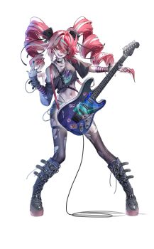 Rule 34 | 1girl, absurdres, alternate costume, arm warmers, belt boots, between fingers, black boots, black choker, black nails, black panties, black ribbon, black shirt, black shorts, black thighhighs, boots, chain, chain necklace, choker, colored skin, colored tongue, commentary, crop top, crossed bangs, denim, denim shorts, drill hair, electric guitar, english commentary, fender stratocaster, full body, glint, grey skin, guitar, hair between eyes, hair ornament, hair ribbon, hairclip, heart, heterochromia, highleg, highleg panties, highres, holding, holding instrument, holding plectrum, hololive, hololive indonesia, instrument, jewelry, knee boots, kureiji ollie, lace-up boots, lazyfox, legs apart, looking at viewer, multicolored hair, multicolored skin, multiple rings, nail polish, navel, necklace, off shoulder, open mouth, panties, panty straps, parallel hairclips, patchwork skin, pendant choker, pink hair, plectrum, purple tongue, red eyes, red hair, ribbon, ring, shirt, short shorts, shorts, simple background, smile, solo, standing, stitched arm, stitched face, stitched leg, stitched torso, stitches, streaked hair, string panties, striped arm warmers, symbol-shaped pupils, thighhighs, torn clothes, torn thighhighs, twin drills, two-tone skin, underwear, virtual youtuber, white background, x-shaped pupils, yellow eyes, zombie