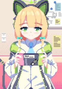 1girl animal_ear_headphones animal_ears animated animated_gif black_tail blonde_hair blue_archive blue_necktie bow buttons cat_ear_headphones cat_ears cat_tail collared_shirt comedic_sweatdrop fake_animal_ears fake_tail green_bow green_eyes green_halo green_jacket hair_bow halo handheld_game_console headphones holding holding_handheld_game_console jacket long_sleeves low-tied_sidelocks midori_(blue_archive) necktie nintendo_switch open_clothes open_jacket open_mouth parted_bangs piao_mao pixel_art playing_games raised_fist shirt short_hair sidelocks smile solo tail tail_wagging upper_body white_jacket white_shirt