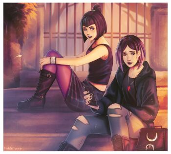 2girls black_boots black_hair black_hoodie black_nails black_shirt black_skirt black_tank_top boots border cellphone crossover danny_phantom dc_comics highres holding holding_phone hood hoodie jewelry looking_at_viewer multicolored_hair multiple_girls necklace open_clothes open_hoodie outside_border pants pantyhose phone purple_hair purple_pantyhose raven_(dc) sam_manson shirt silveryink sitting skirt smartphone tank_top teen_titans torn_clothes torn_pants two-tone_hair white_border