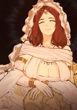 1girl absurdres armlet bare_shoulders black_background bracelet breasts cleavage cleavage_cutout closed_eyes clothing_cutout collarbone commentary couch criss-cross_halter dark_souls_(series) dark_souls_i detached_sleeves english_commentary gold_bracelet gold_headwear halterneck head_chain highres jewelry large_breasts leria_v light_particles light_rays lips long_hair lying midriff on_couch on_side own_hands_together painterly parted_bangs portrait queen_of_sunlight_gwynevere red_hair shawl smile solo veil