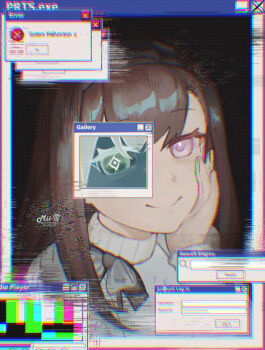 1girl arknights artist_name brown_hair chromatic_aberration closed_mouth commentary commentary_request english_commentary english_text glitch glitch_art hand_on_own_cheek hand_on_own_face highres long_hair looking_at_viewer mixed-language_commentary partial_commentary pink_eyes priestess_(arknights) rimii_yuki smile solo split_mouth sweater turtleneck turtleneck_sweater watermark white_sweater window_(computing)