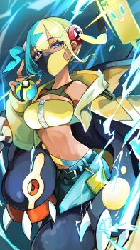 1girl absurdres aqua_hair bandeau belt black_mask black_pants blonde_hair blue_pants breasts canari_(pokemon) center-flap_bangs cleavage criss-cross_halter criss-cross_straps crop_top curly_sidelocks eel eelektross electricity gen_4_pokemon gen_5_pokemon halterneck highres iwahada jacket large_breasts looking_at_viewer mask mega_ring mega_stone midriff mouth_mask multicolored_hair navel nintendo pants poke_ball pokemon pokemon_(creature) pokemon_legends:_z-a quick_ball rotom rotom_phone short_twintails solo split-color_clothes split-color_hair stomach twintails two-tone_hair two-tone_mask two-tone_pants yellow_bandeau yellow_jacket yellow_mask