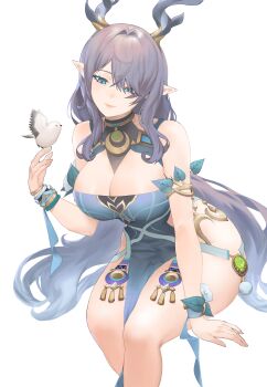 1girl absurdres antlers arm_support bare_shoulders bird bird_on_hand blue_dress blue_eyes breasts cleavage commentary dendro_symbol_(genshin_impact) dress feet_out_of_frame genshin_impact highres horns invisible_chair large_breasts lauma_(genshin_impact) looking_at_viewer nery_(nerypaint) pelvic_curtain pointy_ears purple_hair simple_background sitting solo vision_(genshin_impact) white_background white_bird
