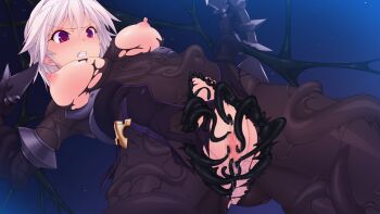 1girl arisia_hellioxenes blush bodysuit breasts breasts_out censored clenched_teeth game_cg kourin_tenshi_en_ciel_rena large_breasts large_variant_set mosaic_censoring night nipples non-web_source official_art purple_eyes pussy restrained saitou_natsuki short_hair sky solo suhamaya teeth tentacle_sex tentacles tentacles_under_clothes torn_clothes variant_set white_hair