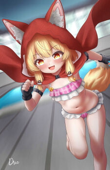 Rule 34 | animal ears, arknights, arknights: endfield, barefoot, bikini, blonde hair, brown eyes, cape, dric, fox girl, frills, highres, hood, hooded cape, long hair, looking at viewer, open mouth, pool, red cape, rossi (arknights), running, smile, swimsuit, tail, wolf ears, wolf girl, wolf tail