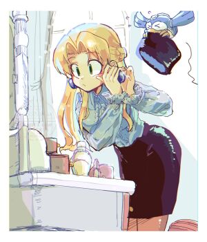 1girl aged_up beat_(mega_man) black_skirt blonde_hair blue_shirt brown_pantyhose closed_mouth collared_shirt earrings green_eyes highres jewelry kalinka_cossack_(mega_man) long_hair long_sleeves mega_man_(classic) mega_man_(series) mega_man_4 pantyhose parted_bangs pencil_skirt shirt sink skirt solo srnhuyuno