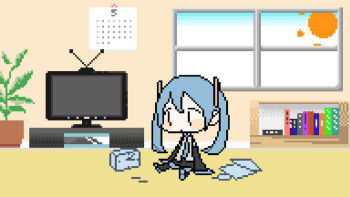 1girl alarm_clock blue_hair book bookshelf calendar_(object) chibi clock closed_mouth commentary_request detached_sleeves dot_mouth expressionless flat_screen_tv flower_pot hatsune_miku indoors living_room long_sleeves no_nose on_floor paper pixel_art plant potted_plant radio_antenna sitting sleeves_past_fingers sleeves_past_wrists solo sun_symbol television torla16 twintails vocaloid wide_sleeves window |_|