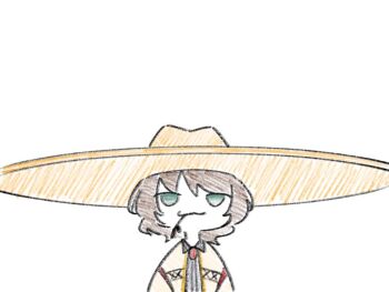 1girl :3 aida_(project_moon) ascot black_ascot black_shirt brooch brown_hair chibi closed_mouth collared_shirt hat jacket jewelry limbus_company looking_at_viewer mouth_hold oversized_hat project_moon shirt short_hair simple_background smile solo sombrero stalk_in_mouth white_background white_jacket yongsa_(ishmaelenjoyer)