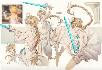 1boy absurdres aether_(genshin_impact) ahoge alternate_costume arcade_(architecture) artist_name back_bow bare_back bare_shoulders blonde_hair blue_flower blue_gemstone blue_rose boots border bow braid chibi closed_mouth commentary covered_mouth cowboy_shot crossdressing crossdressing_(mtf) dress earrings english_commentary floating_clothes floating_hair flower from_behind full_body garter_belt gem genshin_impact grey_border hair_between_eyes hair_ribbon hairband hand_up high_heel_boots high_heels highres holding holding_sword holding_weapon jewelry jumping leg_up long_hair looking_at_viewer low-braided_long_hair low-tied_long_hair male_focus multiple_views orange_eyes outside_border panties pantyshot pendant ribbon rinjkk rose scar simple_background single_braid single_earring sleeveless sleeveless_dress standing standing_on_one_leg sweatdrop sword teeth thigh_cuffs underwear v-shaped_eyebrows veil weapon white_background white_boots white_bow white_dress white_hairband white_panties white_ribbon white_veil wrist_cuffs