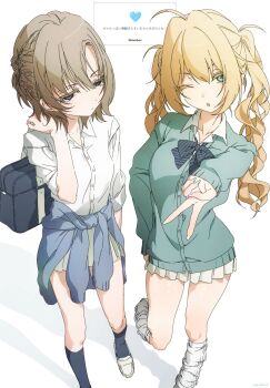 2girls ahoge arm_at_side bag black_socks blonde_hair blue_eyes bow bowtie breasts brown_hair cardigan cardigan_around_waist clothes_around_waist commentary_request fan_request fingernails foot_out_of_frame green_eyes green_nails gyaru hair_between_eyes highres holding holding_bag kneehighs kogal large_breasts long_hair loose_socks miniskirt multiple_girls nagi_(usurai_rairai) nail_polish one_eye_closed original pleated_skirt request_inset ribbed_socks school_bag shadow shirt shoes short_hair side_part simple_background skirt small_breasts socks sui_(usurai_rairai) twintails usurai_rairai v wavebox wavy_hair white_background white_shirt white_shoes
