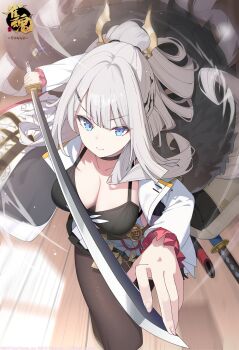 1girl absurdres bikini bikini_top_only black_bikini black_choker black_skirt blue_eyes breasts brown_pantyhose choker cleavage closed_mouth coat hair_ornament highres holding holding_sword holding_weapon hukahire0120 katana large_breasts long_hair long_sleeves looking_at_viewer mahjong_soul miniskirt open_clothes open_coat pantyhose pleated_skirt saionji_kazuha skirt solo swimsuit sword v-shaped_eyebrows weapon white_coat white_hair