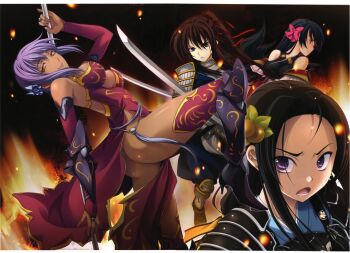4girls absurdres akechi_mitsuhide_(oda_nobuna_no_yabou) angry annotated armor ass bare_shoulders black_hair blue_eyes blue_hair boots bow breasts bridal_gauntlets brown_hair dark-skinned_female dark_skin dress elbow_gloves embers fire gloves hair_bow hair_ornament hair_ribbon hairpin high_heels highres incredibly_absurdres japanese_armor japanese_clothes katana kimono lipstick long_hair makeup matsunaga_hisahide_(oda_nobuna_no_yabou) miyama-zero multiple_girls naginata niwa_nagahide_(oda_nobuna_no_yabou) no_panties oda_nobuna_no_yabou official_art open_mouth polearm ponytail purple_eyes purple_hair purple_lips ribbon shibata_katsuie_(oda_nobuna_no_yabou) shoes short_hair shoulder_armor side_slit skull smile sode sword thighhighs weapon yellow_eyes