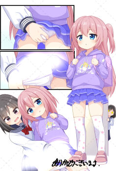 +_+ 1boy 1girl backpack bag black_hair blank_censor blue_eyes blue_sailor_collar blue_skirt blush bulge censored commentary_request commission crossdressing crossdressing_(mtf) crotch_grab highres hood hood_down hoodie layered_skirt long_hair long_sleeves medium_hair mogura2009 one_side_up open_mouth original panties panty_pull pink_bag pink_hair pink_shoes polka_dot polka_dot_thighhighs puffy_long_sleeves puffy_sleeves purple_eyes purple_hoodie randoseru sailor_collar school_uniform serafuku shirt shoes skeb_commission skirt thighhighs trap underwear watermark watermark_grid white_panties white_shirt white_thighhighs