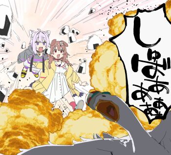 2girls absurdres animal_ear_fluff animal_ears bird cat_ears cat_girl cat_tail duck food highres hololive imamura_ryou inugami_korone multiple_girls mushroom_cloud nekomata_okayu onigiri open_mouth purple_eyes purple_hair red_eyes red_hair subaru_duck tail