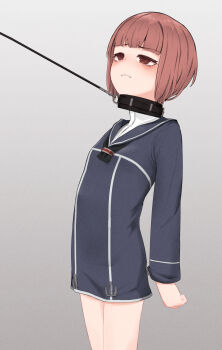 1girl arms_behind_back bdsm black_dress black_neckerchief black_sailor_collar bondage bound breasts brown_eyes brown_hair clenched_teeth collar commission cuffs dress female_focus handcuffs highres kantai_collection large_variant_set leash neckerchief pixiv_commission red_hair sailor_collar sailor_dress short_hair simple_background small_breasts solo standing teeth tsuzuri_(tu-san_house) variant_set z3_max_schultz_(kancolle)