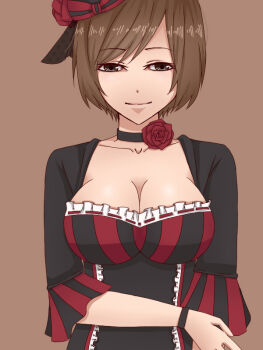 1girl bracelet breasts brown_eyes brown_hair choker cleavage collarbone facing_viewer female_focus flower frilled_sleeves frills hand_on_own_arm hat jewelry large_breasts light_smile looking_at_viewer meiko_(lorelei)_(vocaloid) lovers_suicide_oblivion_(vocaloid) meiko_(vocaloid) mini_hat nalfgo project_diva_(series) project_diva_extend rose short_hair simple_background solo tan_background upper_body vocaloid