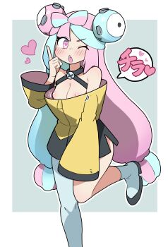 Rule 34 | 1girl, absurdres, bow-shaped hair, breasts, character hair ornament, grey pantyhose, hair ornament, highres, iono (pokemon), jacket, long hair, long sleeves, low-tied long hair, multicolored hair, nintendo, nipples, oversized clothes, pantyhose, pokemon, pokemon sv, sharp teeth, single leg pantyhose, sleeves past fingers, sleeves past wrists, small breasts, solo, split-color hair, teeth, white-stew, x (symbol), yellow jacket
