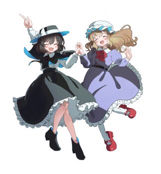 Rule 34 | 2girls, absurdres, arm above head, belt, black boots, black capelet, black hat, black skirt, blush, boots, bow, bowtie, capelet, closed eyes, collared dress, collared shirt, commentary request, dress, frilled dress, frilled skirt, frills, full body, hair bow, hat, hat bow, highres, holding hands, long sleeves, maribel hearn, mary janes, minus (sr mineka), mob cap, multiple girls, neck ribbon, open mouth, purple dress, red bow, red bowtie, red shoes, ribbon, shirt, shoes, simple background, skirt, touhou, usami renko, white background, white hat, white shirt, wingtip collar