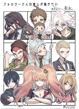 2girls 6+boys ahoge akamatsu_kaede bear_hair_ornament black_hat black_jacket black_necktie blonde_hair bow breasts cleavage collared_shirt crossed_arms cyacyacyacyaki danganronpa:_trigger_happy_havoc danganronpa_(series) danganronpa_2:_goodbye_despair danganronpa_v3:_killing_harmony enoshima_junko followers_favorite_challenge fortissimo green_necktie grey_hair hair_ornament hat highres hinata_hajime hinata_hajime_(awakened) jacket kamukura_izuru komaeda_nagito kuzuryu_fuyuhiko large_breasts long_hair long_sleeves looking_at_viewer male_focus multiple_boys multiple_drawing_challenge multiple_girls musical_note musical_note_hair_ornament necktie open_mouth pink_sweater_vest red_bow saihara_shuichi shirt short_hair smile soda_kazuichi sweater_vest translation_request twintails white_hair white_shirt