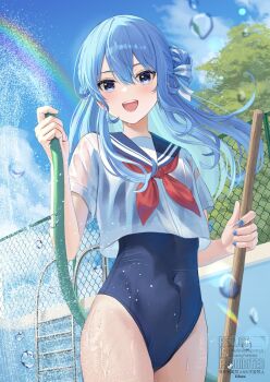 1girl :d blue_eyes blue_hair blue_one-piece_swimsuit blue_sailor_collar blue_sky cloud colored_inner_hair commentary_request covered_navel day double-parted_bangs empty_pool hair_between_eyes hair_bun highres holding holding_hose hololive hose hoshimachi_suisei long_hair looking_at_viewer multicolored_hair nakaneabura8623 neckerchief official_alternate_hairstyle one-piece_swimsuit open_mouth outdoors pool rainbow red_neckerchief sailor_collar sailor_shirt school_swimsuit shirt short_sleeves side_up_bun sidelocks single_side_bun sky smile solo star_(symbol) star_in_eye swimsuit swimsuit_under_clothes symbol_in_eye teeth upper_teeth_only virtual_youtuber water wet wet_clothes wet_shirt white_shirt