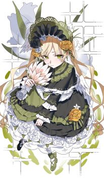 1girl absurdres black_flower black_rose blonde_hair capelet closed_mouth commentary_request d4kou16 dress floral_background flower frilled_capelet frilled_dress frilled_sleeves frills full_body green_bonnet green_capelet green_dress green_eyes green_shoes hair_flower hair_ornament hand_fan highres holding holding_fan leaf lolita_fashion long_hair long_sleeves looking_at_viewer mahou_shoujo_no_majo_saiban rose shoes solo standing tono_hanna twintails very_long_hair white_background white_flower white_rose yellow_flower yellow_rose