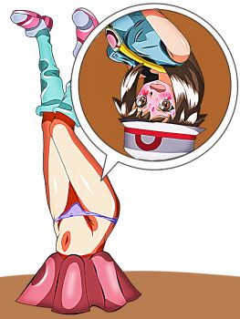 commentary_request inugami-ke_no_ichizoku_pose leaf_(pokemon) masalu_kai nintendo panties pantyshot pokemon pokemon_frlg stuck underwear