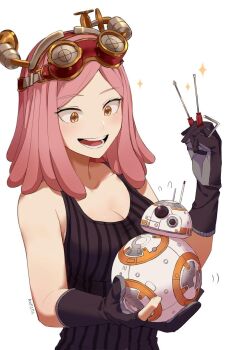 10s 1girl amedan bb-8 blush boku_no_hero_academia crosshair_pupils crossover gloves goggles goggles_on_head hatsume_mei headgear open_mouth pink_hair robot simple_background smile star_wars tank_top tools white_background yellow_eyes