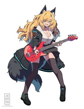 1girl :d animal_ear_fluff animal_ears black_coat black_jacket black_shoes black_skirt black_thighhighs blonde_hair blue_eyes breasts cleavage coat collared_shirt dress_shirt electric_guitar fox_ears fox_tail full_body guitar highres holding holding_instrument instrument jacket jesternalagon jewelry large_breasts long_hair long_sleeves looking_at_viewer miniskirt music nail_polish off_shoulder open_clothes open_mouth original playing_instrument pleated_skirt shirt shoes simple_background skirt smile solo standing tail teeth thighhighs white_background white_shirt