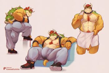 1boy after_bathing armpit_hair ass bara belly bowser bulge chest_hair chest_tuft collar commentary covered_penis covered_testicles cropped_legs english_commentary facial_hair foreskin furry furry_male girthy_penis goatee highres horns kawaakumma large_bulge large_pectorals male_focus mario_(series) multiple_views muscular muscular_male nintendo nipples pants pectorals penis penis_peek red_hair reptile_boy sitting spiked_collar spiked_shell spikes sweatpants towel towel_around_neck towel_around_waist