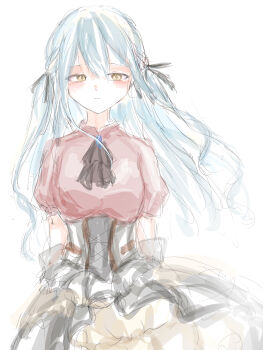 1girl absurdres ascot bang_dream! bang_dream!_it&#039;s_mygo!!!!! black_ascot black_corset black_ribbon blue_hair breasts brooch closed_mouth commentary corset hair_ribbon highres jewelry latte_bf long_hair looking_at_viewer medium_breasts oblivionis_(bang_dream!) puffy_short_sleeves puffy_sleeves red_shirt ribbon shirt short_sleeves simple_background solo togawa_sakiko two_side_up white_background yellow_eyes