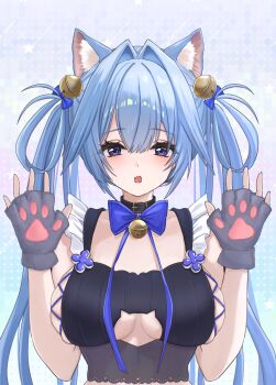 1girl animal_ear_fluff animal_ears animal_hands bell black_dress blue_bow blue_hair bow breasts cat_ears collarbone commentary_request dress fang fingerless_gloves gloves goddess_of_victory:_nikke gretel_(nikke) grey_gloves hair_bell hair_between_eyes hair_bow hair_intakes hair_ornament hair_rings hands_up highres jingle_bell large_breasts open_mouth paw_gloves purple_eyes solo sunameri_(pixiv3564245) twintails upper_body