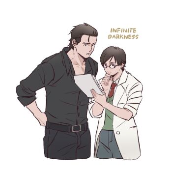 1boy 1girl belt billy_coen black_shirt brown_eyes brown_hair collared_shirt couple glasses green_eyes height_difference highres lab_coat namiru319 necktie pale_skin rebecca_chambers resident_evil resident_evil:_infinite_darkness resident_evil_0 shirt short_hair standing sweater tomboy