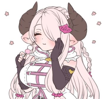 Rule 34 | 1girl, :t, ^ ^, asymmetrical gloves, black gloves, blush, braid, breasts, closed eyes, closed mouth, commentary, dango, draph, ear blush, eating, elbow gloves, fingerless gloves, food, gloves, granblue fantasy, hair ornament, hair over one eye, hand on own cheek, hand on own face, hands up, happy, holding, holding food, horns, large breasts, long hair, mismatched gloves, narmaya (granblue fantasy), pink hair, pointy ears, sanshoku dango, simple background, single braid, single elbow glove, sleeveless, smile, solo, suamachi, symbol-only commentary, uneven gloves, upper body, wagashi, white background