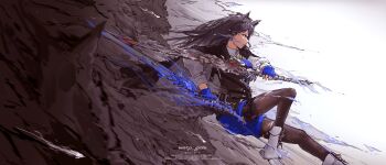 1girl absurdres animal_ear_fluff animal_ears arknights black_hair black_pantyhose black_vest blue_fire blue_gloves blue_necktie blue_shorts boots cape cigarette collared_shirt commentary_request dual_wielding fingerless_gloves fire flaming_weapon food from_side gloves highres holding holding_sword holding_weapon jacket long_hair long_sleeves mouth_hold necktie pantyhose pantyhose_under_shorts pocky shirt shorts smoke smoking solo sword tail texas_(arknights) texas_the_omertosa_(arknights) vest warpgate weapon white_boots white_shirt wolf_ears wolf_girl wolf_tail