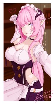 Rule 34 | 1girl, ;), absurdres, apron, black dress, blue eyes, border, breasts, chinese commentary, cleavage, clothing cutout, commentary request, drawn whiskers, dress, elf, elysia (honkai impact), elysia (miss pink) (honkai impact), elysia (miss pink elf) (honkai impact), fake horns, gloves, heart, highres, honkai (series), honkai impact 3rd, horns, imminent punch, large breasts, long hair, looking at viewer, maid, maid apron, maid headdress, official alternate costume, one eye closed, pink hair, pointy ears, selfie, side cutout, smile, solo, very long hair, white apron, white border, white gloves, zero-two0202