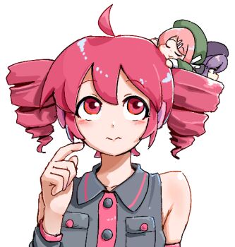 3girls ahoge bare_shoulders beret black_shirt closed_eyes closed_mouth collared_shirt detached_sleeves drill_hair green_hat hair_ornament hairclip hat headphones index_finger_raised kasane_teto kasane_teto_(utau) looking_at_another mini_person minigirl momone_momo multiple_girls pink_hair pocket purple_eyes purple_hair purple_hat red_eyes red_hair red_trim saruyama_ushirou shirt simple_background solo_focus twin_drills utane_uta utau wavy_mouth white_background