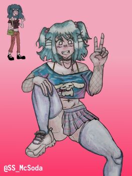 1girl cinnamon_roll e-kid_fashion highres lacey_(lacey_games) lacey_games self-upload shirt skirt smile soundsweet_mcsoda spread_legs thighhighs twintails v white_eyes