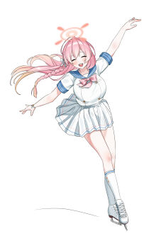 1girl :d ^_^ absurdres ahoge blue_archive blush bow bowtie braid breasts buttons closed_eyes clothes_lift commentary_request double-breasted facing_viewer floating_hair full_body hair_between_eyes hair_bow halo hanako_(blue_archive) happy highres huge_ahoge ice_skates ice_skating kneehighs large_breasts long_hair miniskirt open_mouth outstretched_arms pink_bow pink_bowtie pink_hair pink_halo pleated_skirt sailor_collar school_uniform serafuku shangdi_de_fa_zhang shirt short_sleeves simple_background single_braid skates skating skirt skirt_lift smile socks solo teeth upper_teeth_only very_long_hair white_background white_bow white_sailor_collar white_serafuku white_shirt white_skirt white_socks wind wind_lift