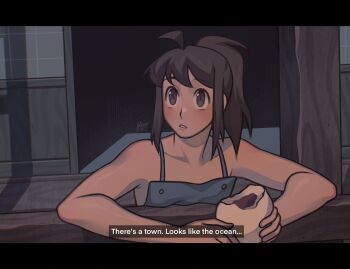 1girl ahoge apron blue_apron commentary derivative_work dumpling english_text flat_chest food gluca highres holding holding_food letterboxed ogino_chihiro ponytail screenshot_redraw sen_to_chihiro_no_kamikakushi shouji signature sliding_doors solo subtitled upper_body